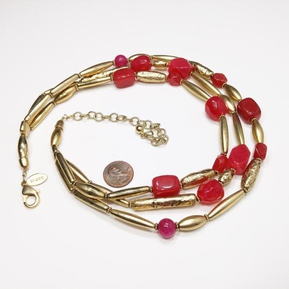 Chico's Red Gemstone 3 Strand Beaded Necklace, 20 Inches, Tested Spinel - Picture 3 of 8